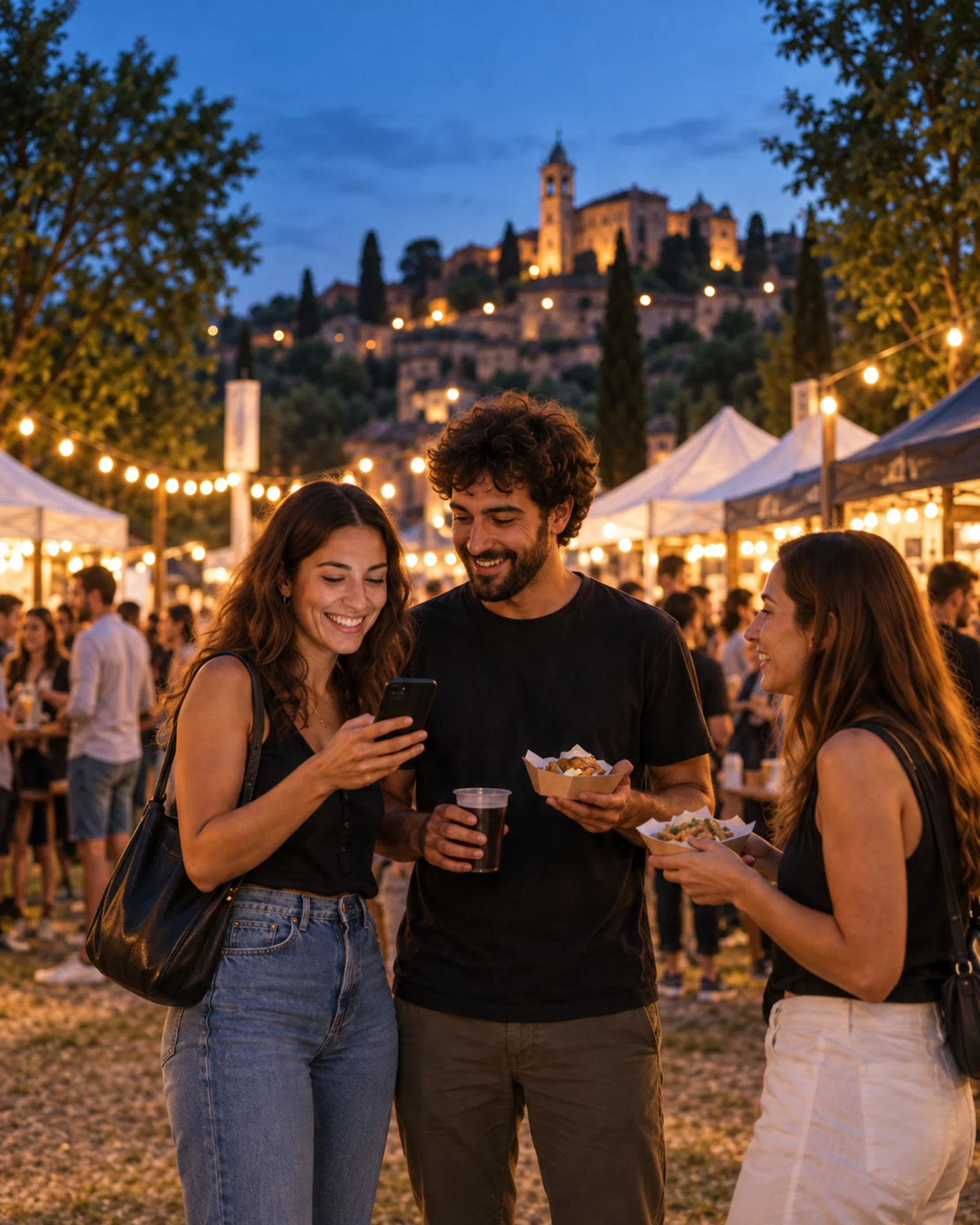 Visitatori consultano il telefono tra gli stand di un festival food, illuminato dalle luci della sera.