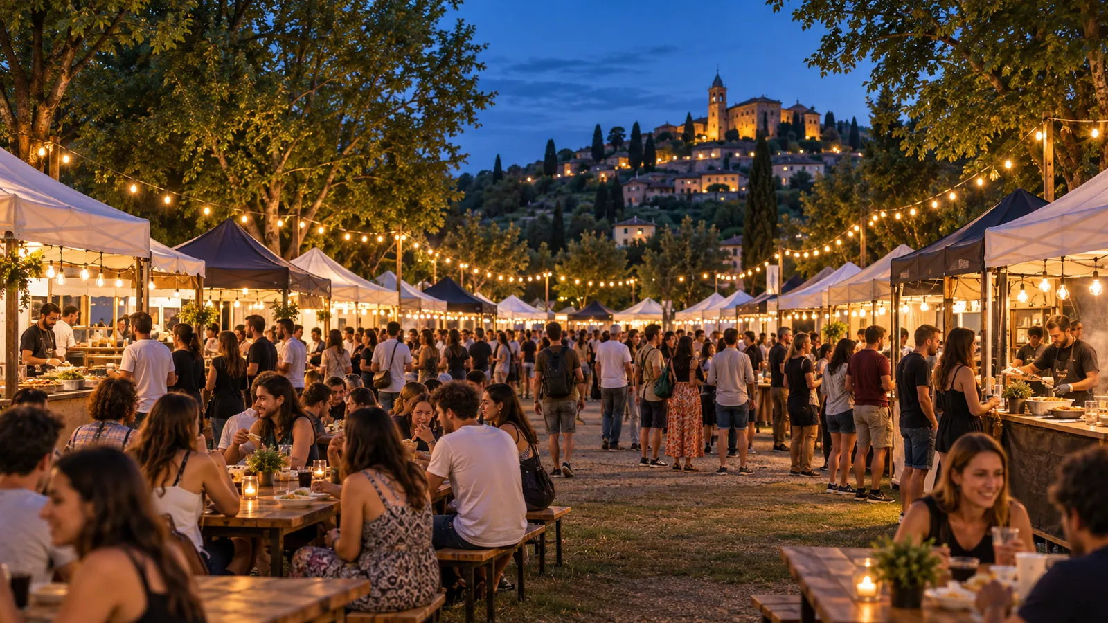 Stand gastronomici e visitatori tra le luci di un festival food al crepuscolo.