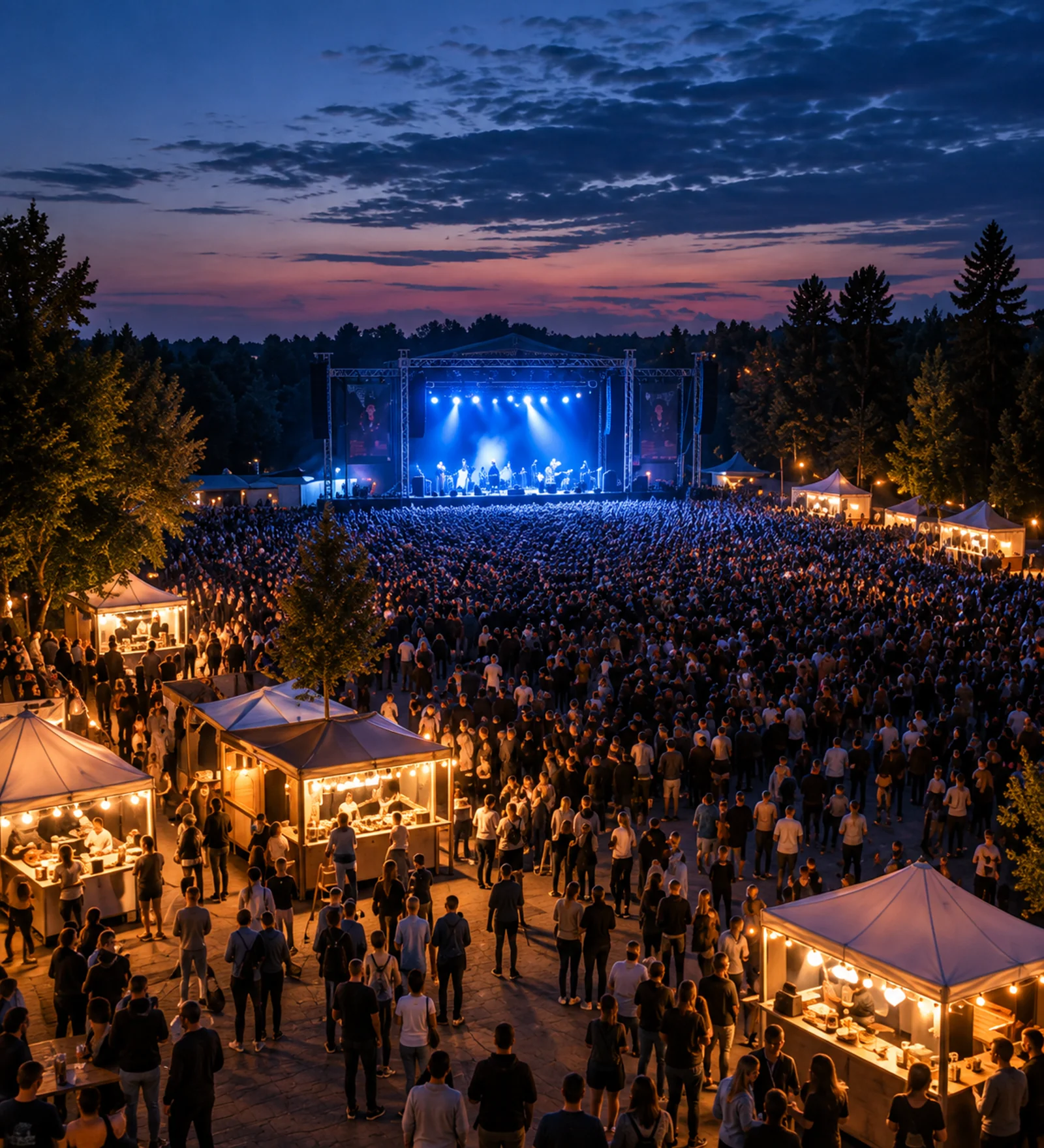 Un grande concerto al crepuscolo, con il pubblico davanti al palco e i punti ristoro ai lati.