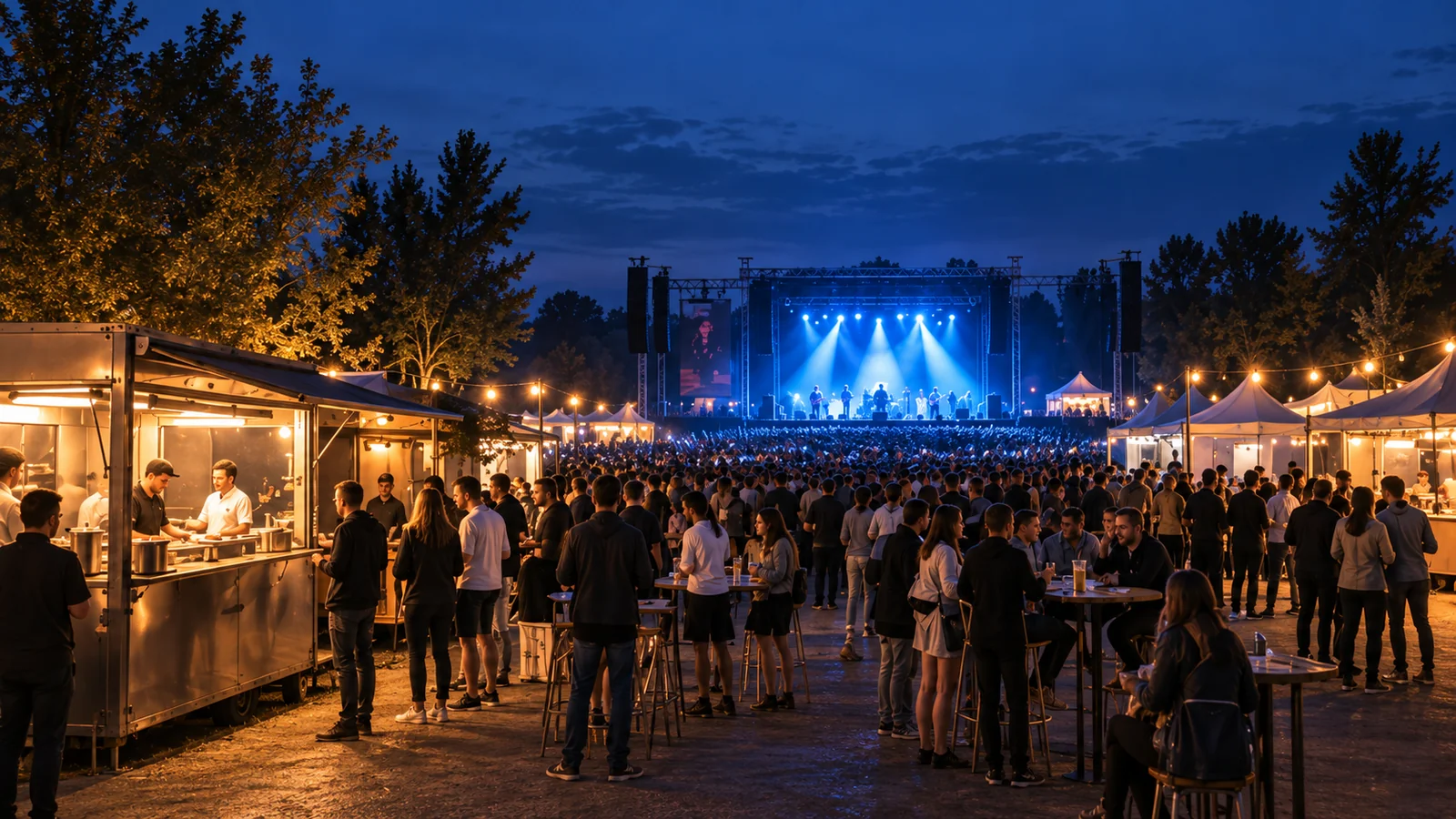 Area ristoro di un grande evento al crepuscolo, con il palco illuminato sullo sfondo.