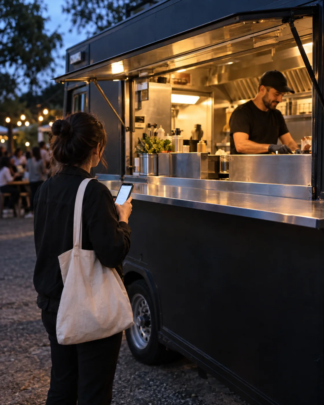 Un cliente consulta il telefono davanti al banco illuminato di un food truck, mentre lo staff prepara gli ordini.