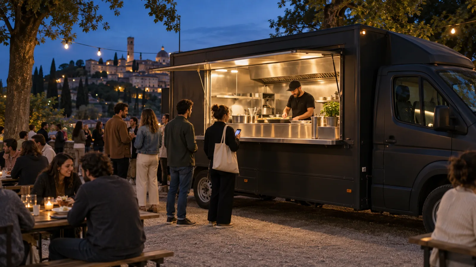 Un food truck al crepuscolo, con clienti davanti al banco e lo staff intento a preparare gli ordini.