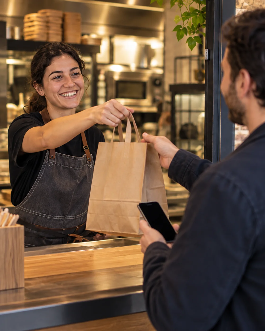 Al banco, un’addetta consegna un sacchetto da asporto a un cliente con il telefono in mano.