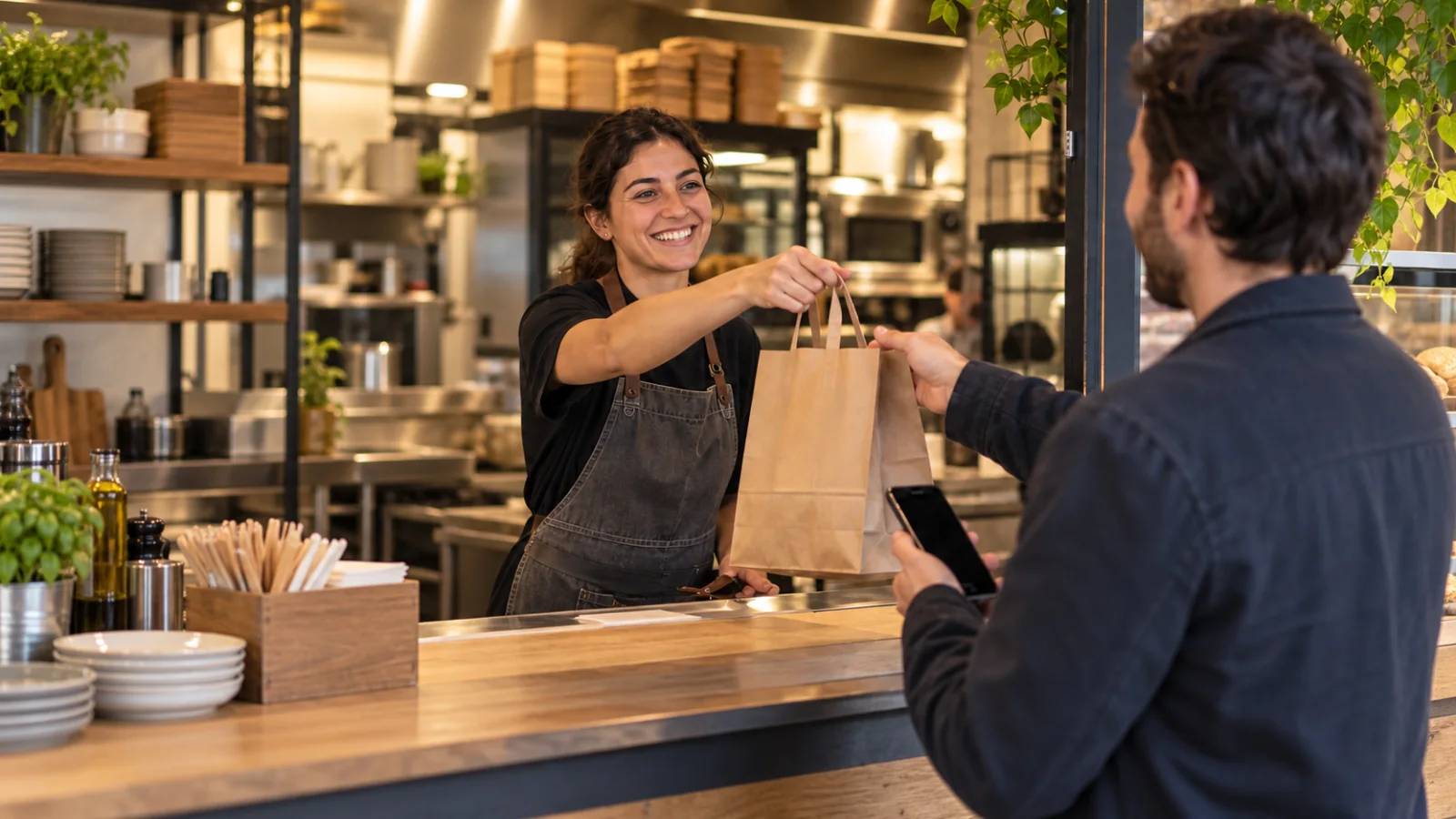 Un cliente ritira un sacchetto da asporto al banco del locale.